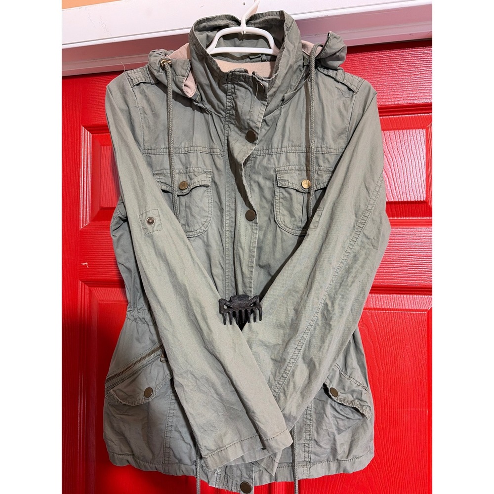 YMI Vintage Utility Field Jacket Olive Green Hooded Drawstring Waist Womens M - Picture 4 of 7